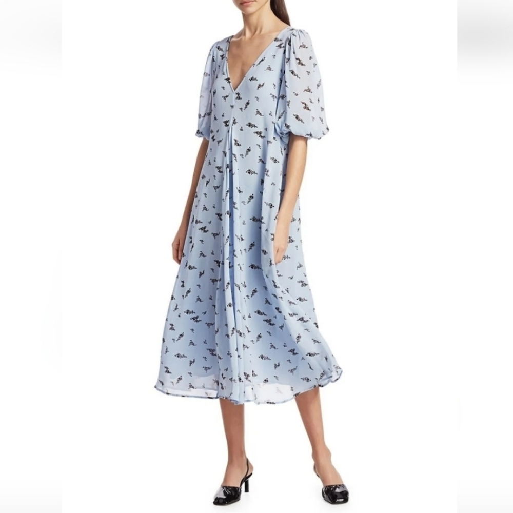 GANNI Gathered Printed Georgette Midi Dress FR 40/ US 8